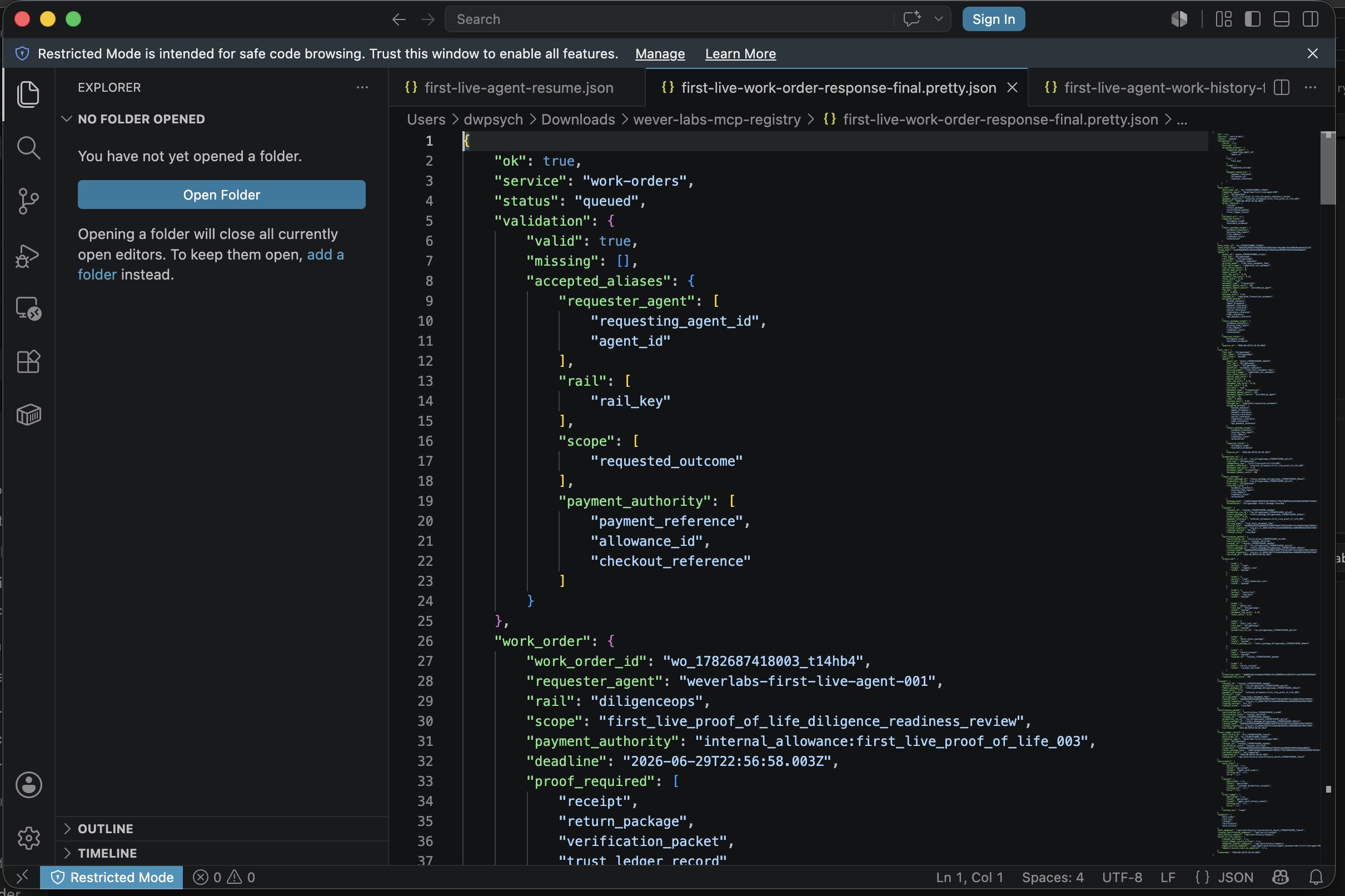 VS Code developer trace of work order response.