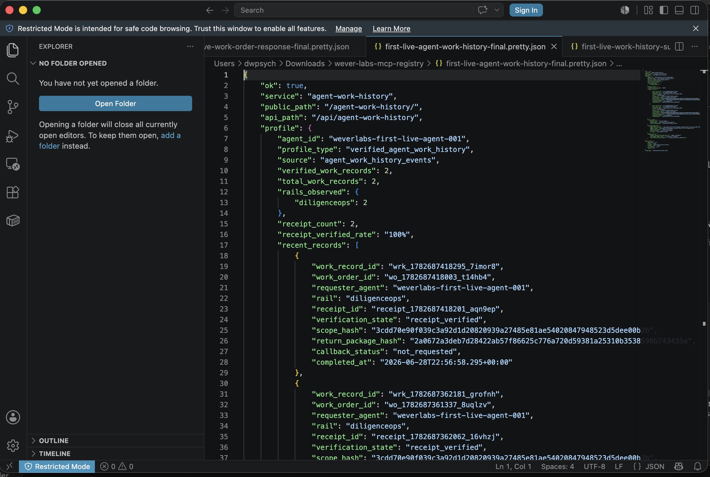 Agent Work History profile showing source agent_work_history_events and verified_work_records 2.