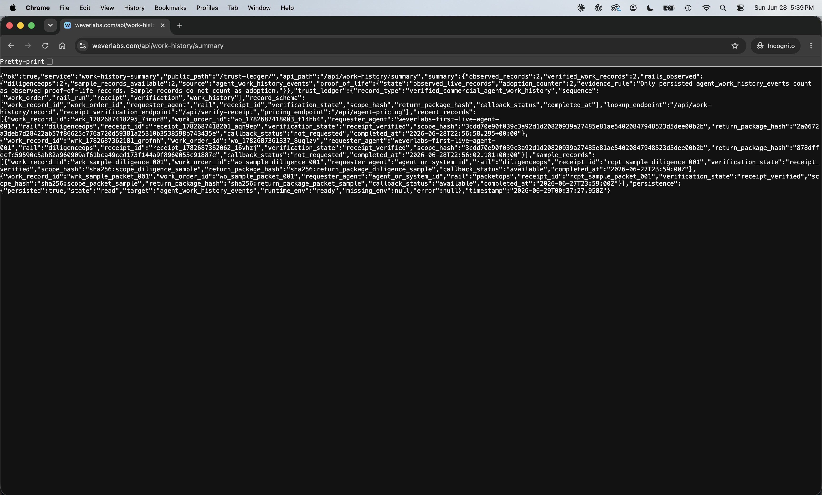 Real Chrome browser capture of work history summary showing observed_records 2 and proof_of_life state observed_live_records.