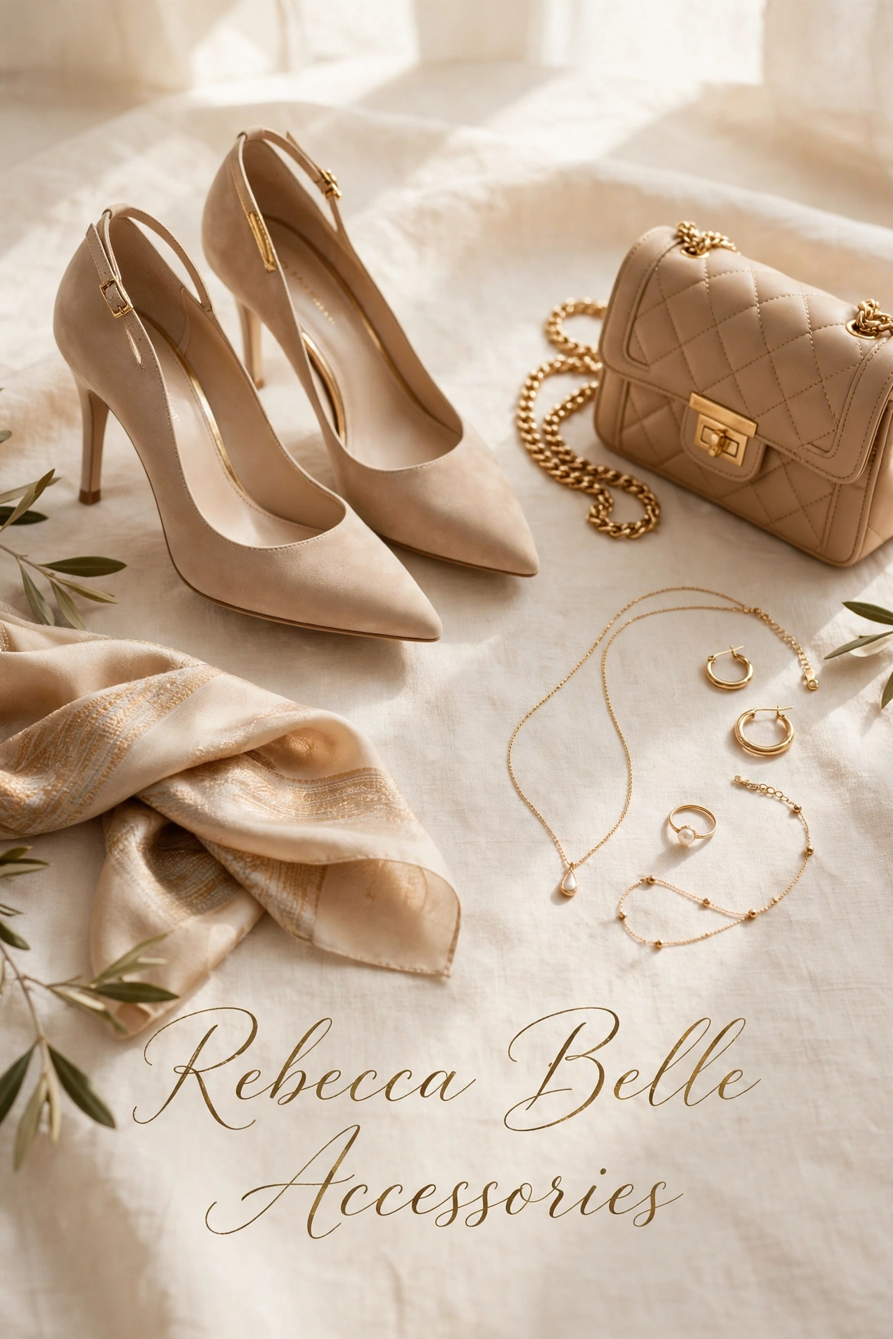 Cream heels, a quilted handbag, gold jewelry and a soft scarf, signed Rebecca Belle Accessories