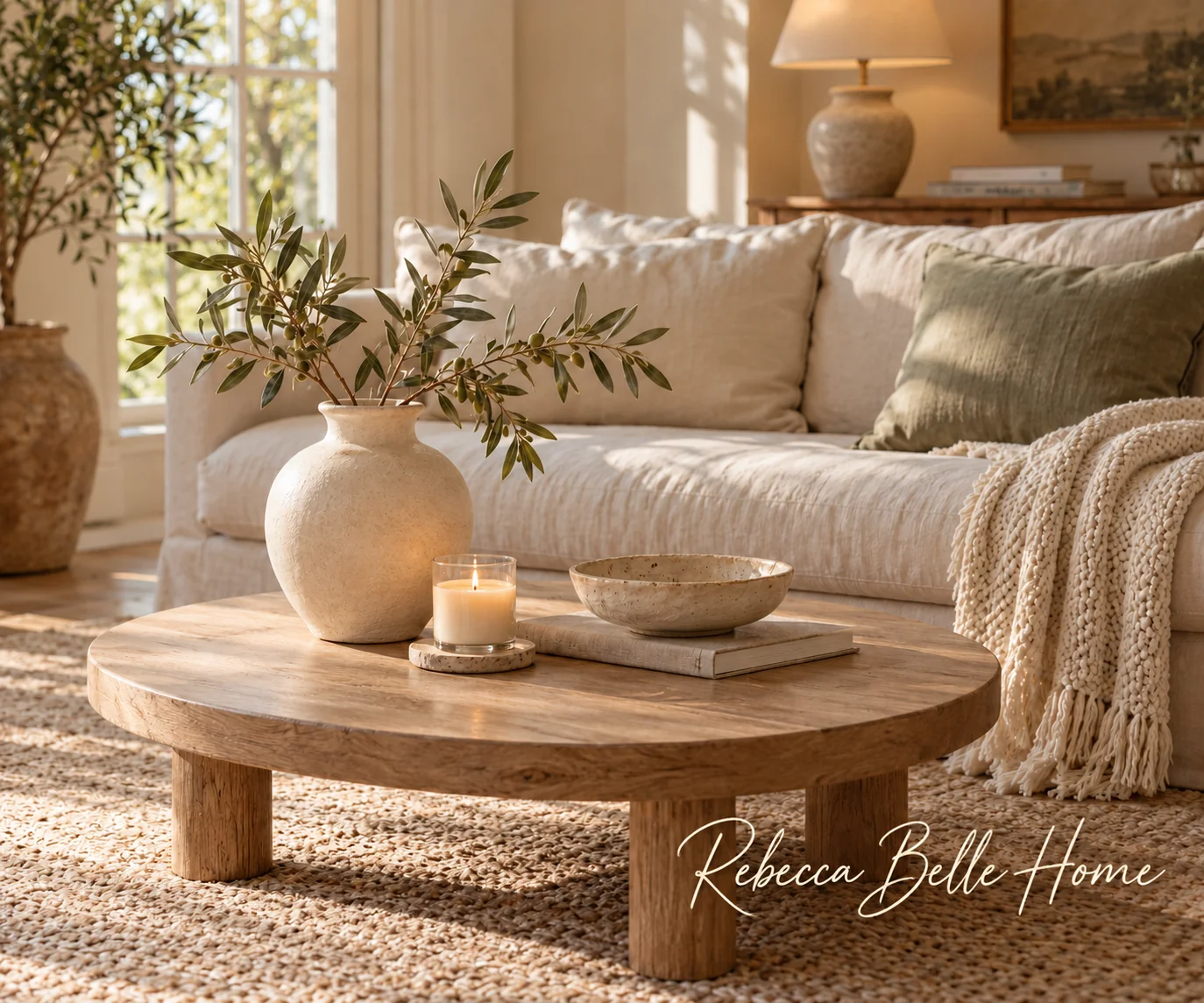 A cozy cream and sage sitting room with ceramics, candlelight and a soft knitted throw, signed Rebecca Belle Home