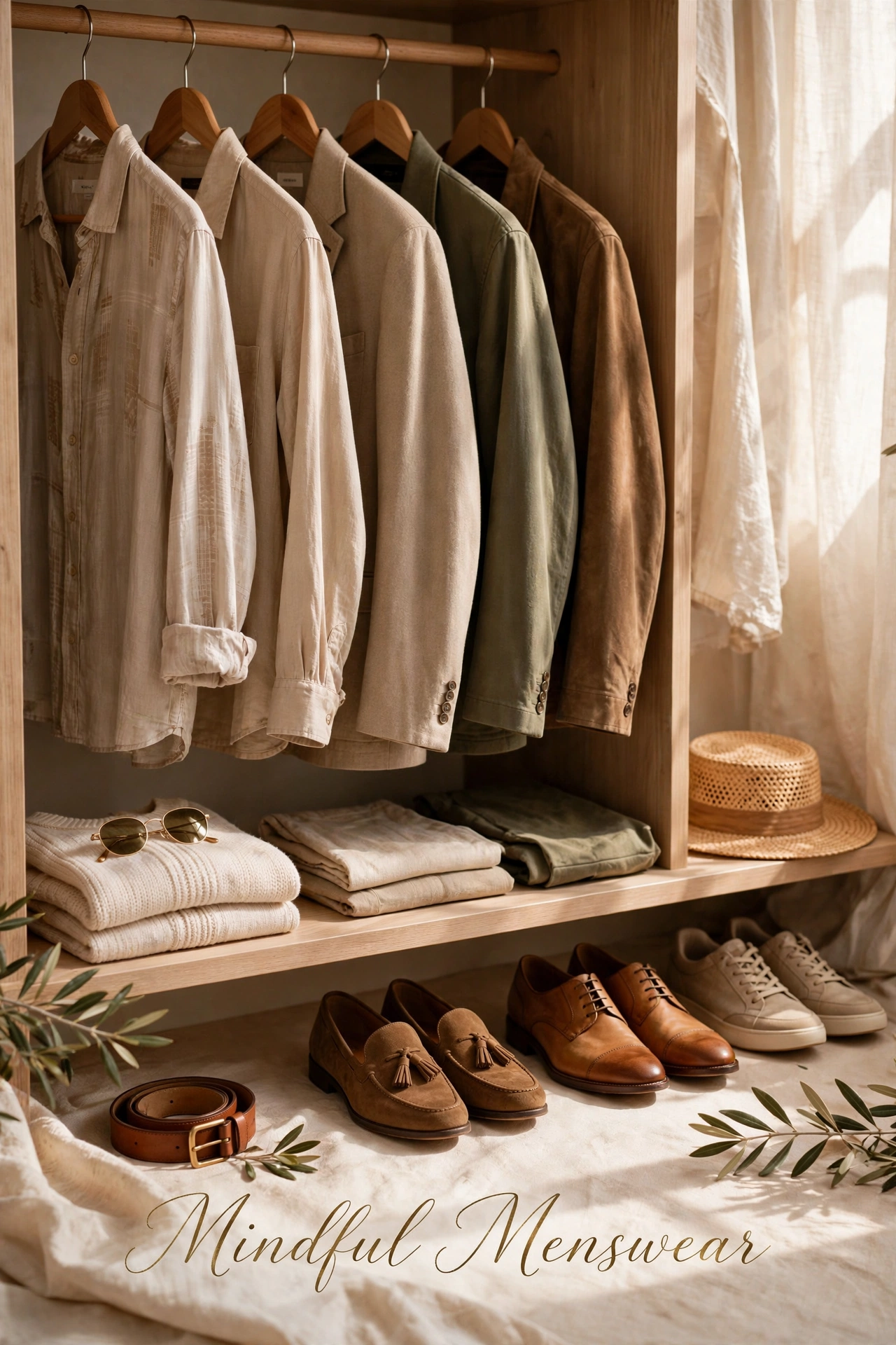 A wooden closet with neutral shirts, tailored jackets, leather shoes and a straw hat, signed Mindful Menswear